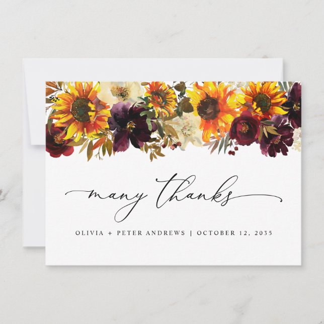 Carte De Remerciements Floral de tournesol rustique Automne Mariage Bourg (Devant)