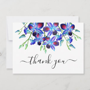 Carte De Remerciements Floral Elegant Aquarelle Bleu Orchidées Script