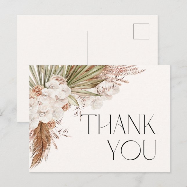 Carte de remerciements floral et plumes de Bohême (Devant / Derrière)
