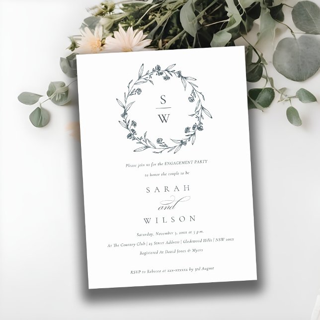 Carte De Remerciements Floral Laurel Wreath Monogram Fiançailles Invitati (Créateur téléchargé)