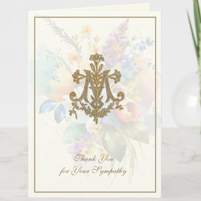 Carte De Remerciements Floral Marian Cross Catholique Condolence funérair (Traditional Catholic Funeral Memorial Thank You  Card)