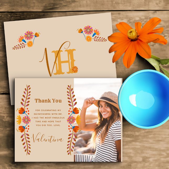Carte De Remerciements Floral mexicain Typographie occidentale Monogramme (Monogrammed photo thank you card from my mexican floral collection)