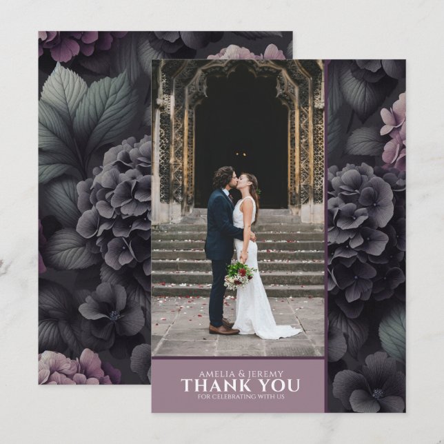 Carte De Remerciements Floral Moody noir et violet (Devant / Derrière)