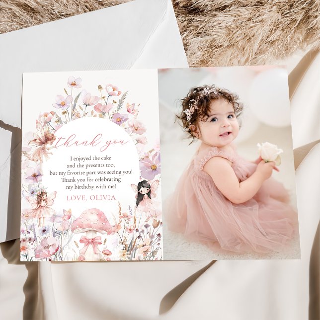 Carte De Remerciements Floral Mushroom Fairy First Birthday Photo (Créateur téléchargé)