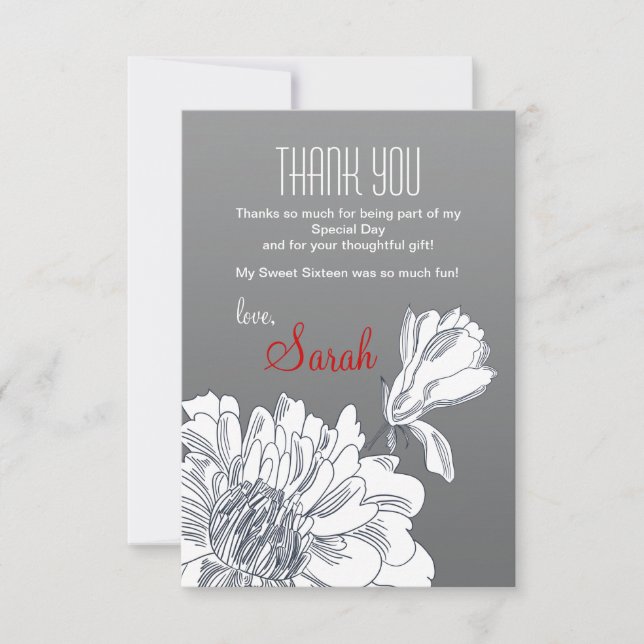 Carte de remerciements floral noir et blanc (Devant)