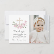 Floral Pink Baptism Cross Thank you Photo Card
