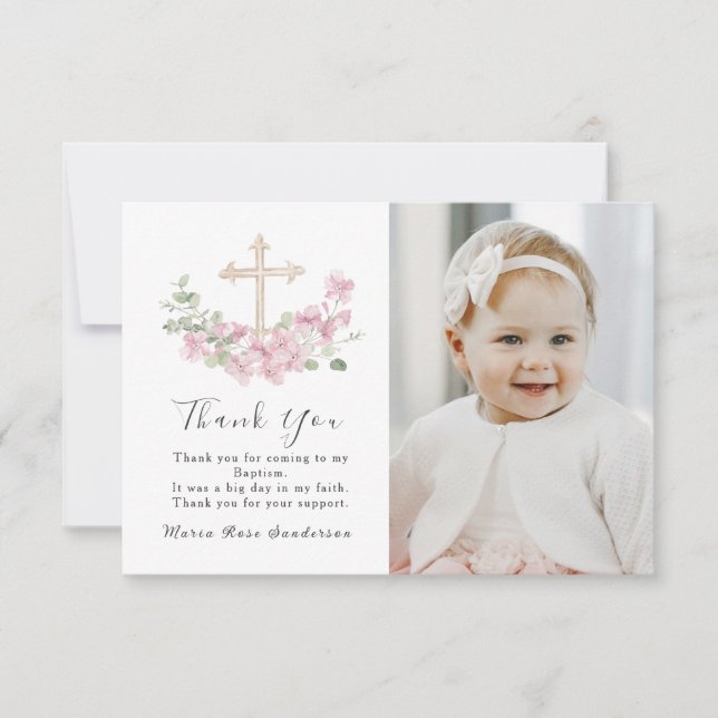 Carte De Remerciements Floral Pink Baptism Cross Thank you Photo Card (Devant)