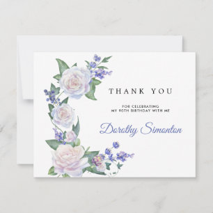 Carte De Remerciements Floral Rose Blanc Bleu 90e anniversaire