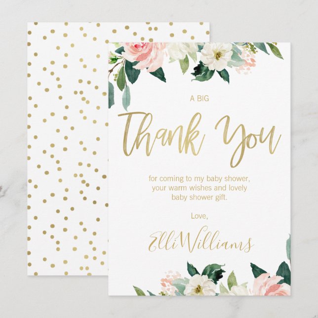 Carte de remerciements floral rose de baby shower (Devant / Derrière)