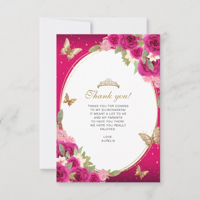 Carte De Remerciements Floral rose or Tiara Butterfly Quinceañera Photo (Devant)