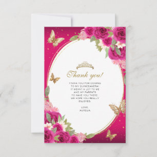 Carte De Remerciements Floral rose or Tiara Butterfly Quinceañera Photo