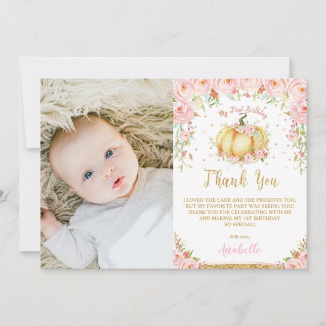 Carte De Remerciements Floral rose Petit Citrouille 1er anniversaire (Devant)