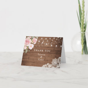 Carte De Remerciements Floral Rustique Bois Blush Rose Lumières à cordes