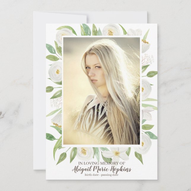 Carte De Remerciements Floral Vert & Blanc En Mémoire Amoureuse Funéraill (Devant)