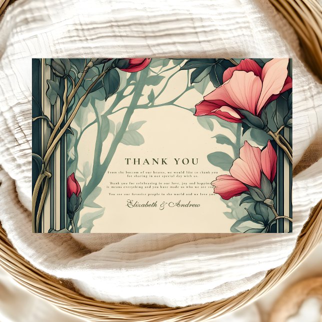 Carte De Remerciements Floral Vert or Mariage Art Nouveau (Créateur téléchargé)