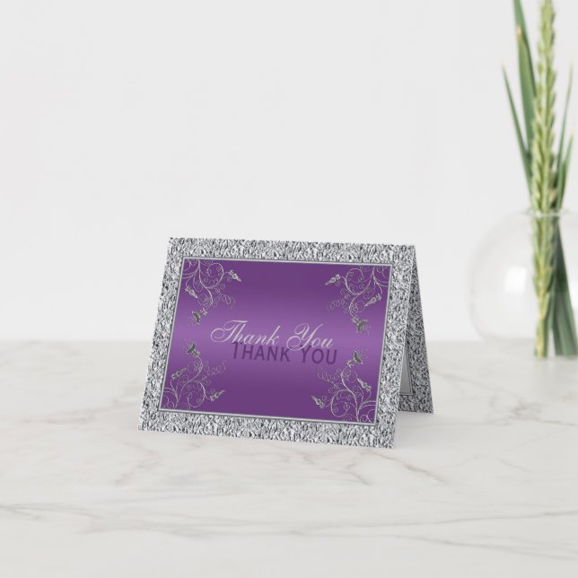 Carte de remerciements floral violet et FAUX argen (Devant)
