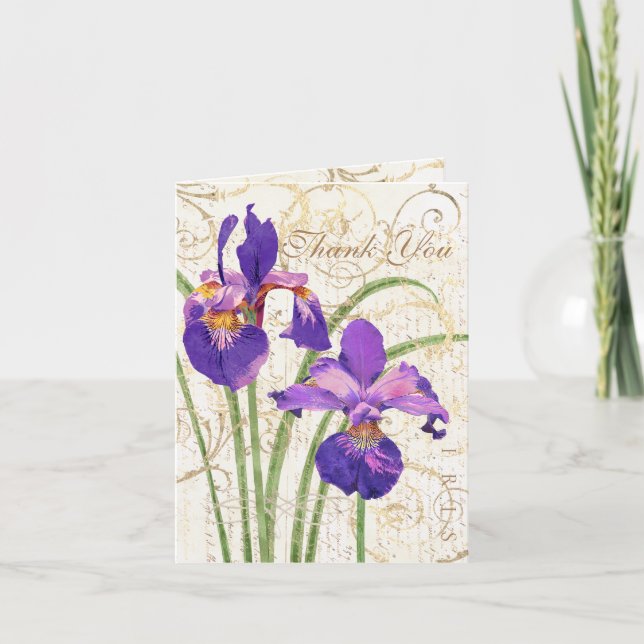 Carte De Remerciements Floral violet Iris or damassé blanc (Devant)