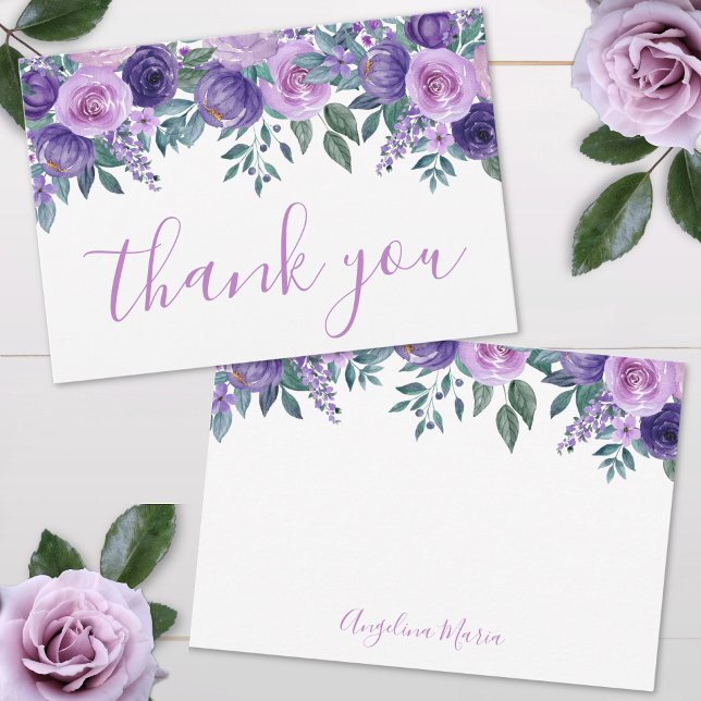 Carte De Remerciements Floral violet Quinceañera anniversaire (Floral Purple Quinceañera Birthday Thank You Card)
