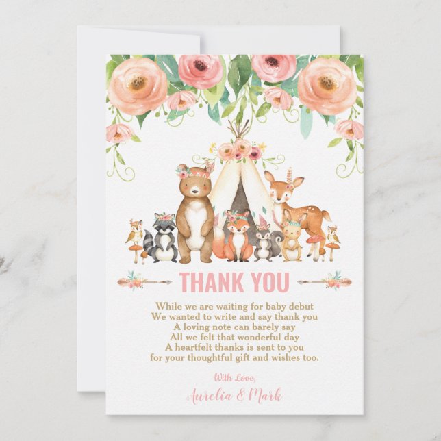 Carte De Remerciements Floral Woodland Animaux Baby shower Forest Girls (Devant)