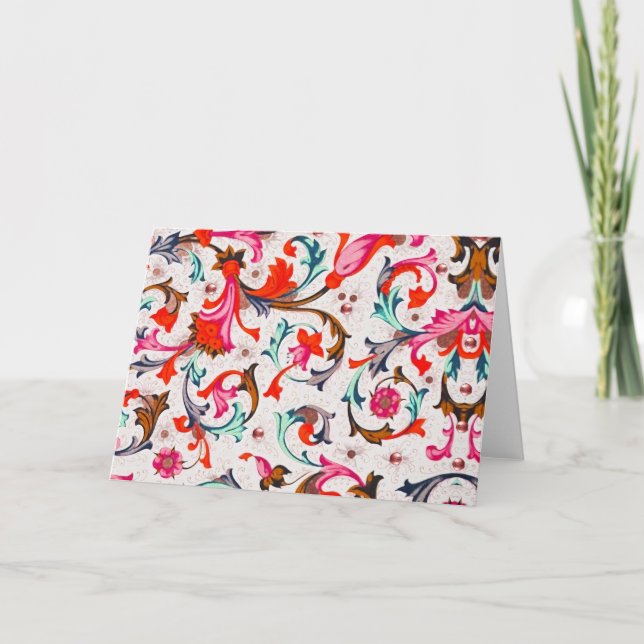 CARTE DE REMERCIEMENTS FLORENTINE RENAISSANCE ROUGE FLEURS, FLEURS (Devant)