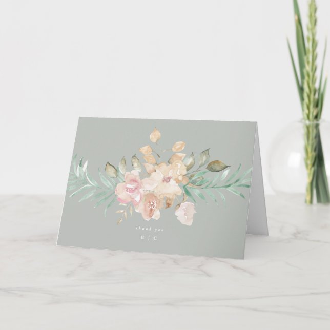 Carte De Remerciements Flores d'aquarelle rustique sur Mariage vert Sage (Devant)