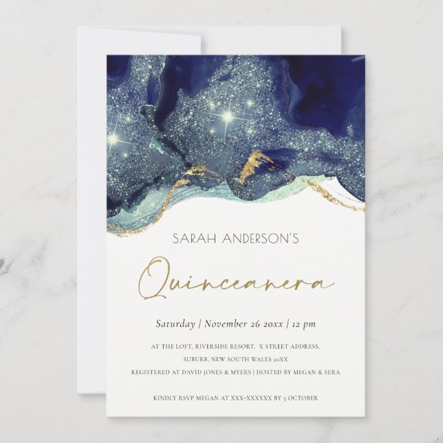 Carte De Remerciements Fluid Navy Parties scintillant Quinceañera 15 Anni (Devant)