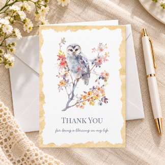 Carte De Remerciements Foi chrétienne | Hibou et fleur à l'aquarelle