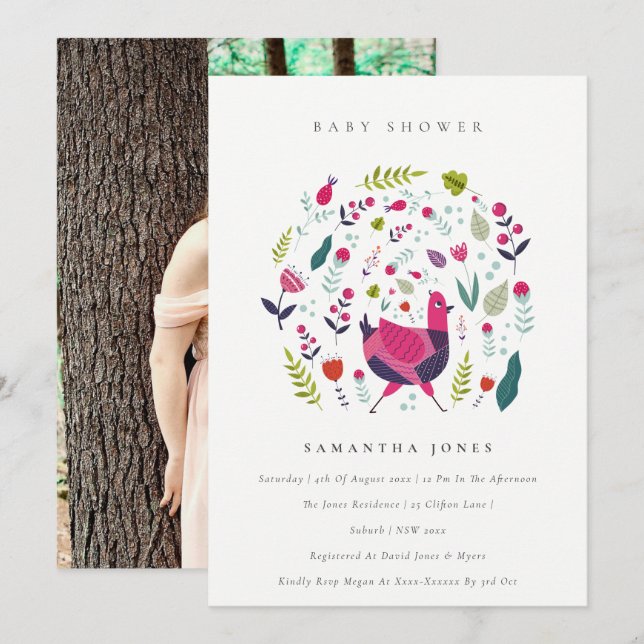 Carte De Remerciements Folk Farm Floral Birdie Baby shower photo Invitati (Devant / Derrière)