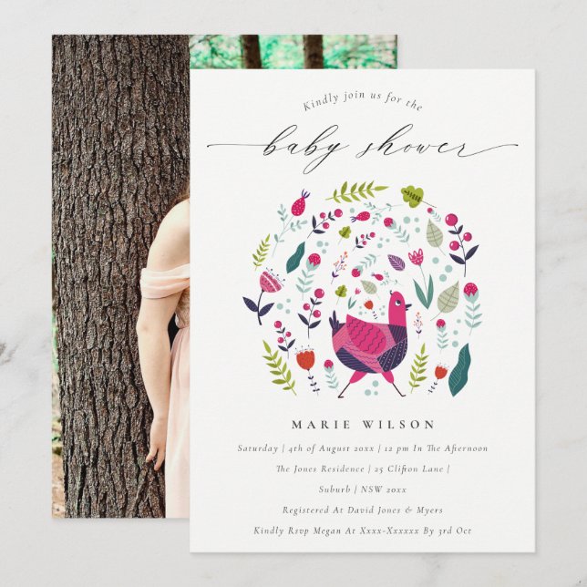 Carte De Remerciements Folk Farm Floral Birdie Baby shower photo Invitati (Devant / Derrière)