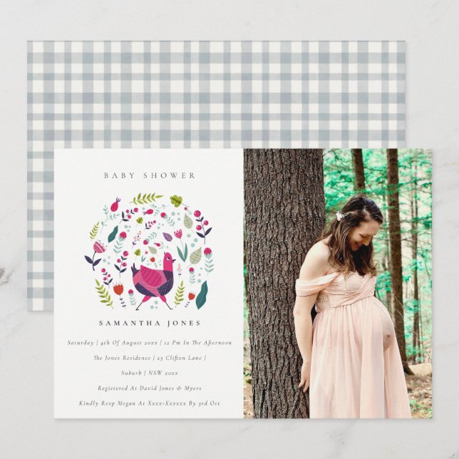 Carte De Remerciements Folk Farm Floral Birdie Baby shower photo Invitati (Devant / Derrière)
