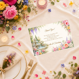 Carte De Remerciements Fontaine de jardin romantique Fleurs Mariage