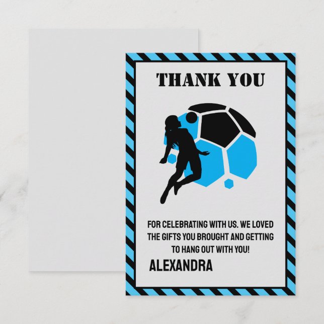 Carte De Remerciements Football Birthday Party, Football Girl Player  (Devant / Derrière)