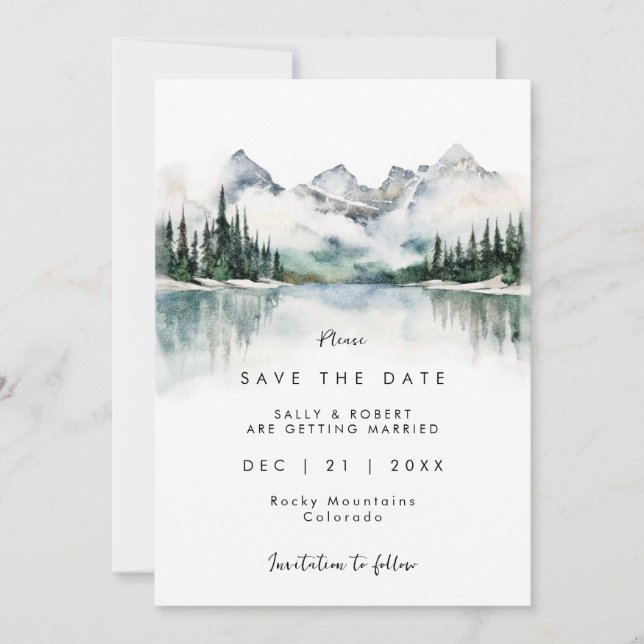 Carte De Remerciements forest mountain lake hiver enregistrer la date (Devant)