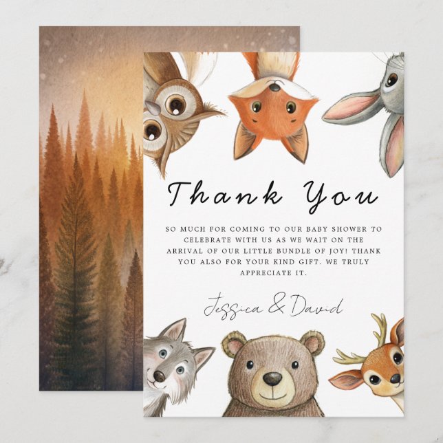 Carte De Remerciements Forêt Bois Animaux Baby shower de voyage (Devant / Derrière)