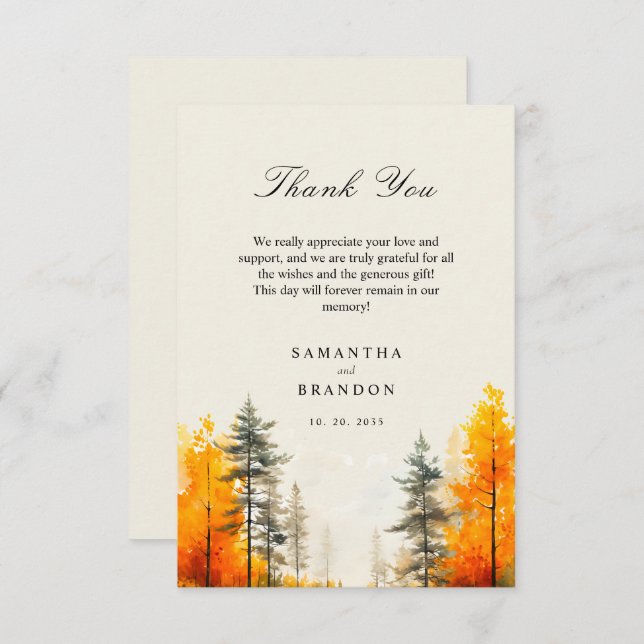 Carte De Remerciements Forêt en automne couleurs mariage (Devant / Derrière)
