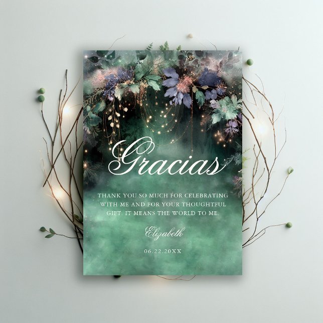 Carte De Remerciements Forêt Enchantée Périwinkle Woodland Quinceanera (enchanted forest quinceanera thank you card watercolor princess dress periwinkle emerald green)