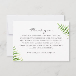 Carte De Remerciements fougère vert aquarelle. Mariage botanique vert