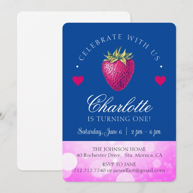 Carte De Remerciements Fraise fête d'anniversaire fille rose et bleu fonc (Devant / Derrière)