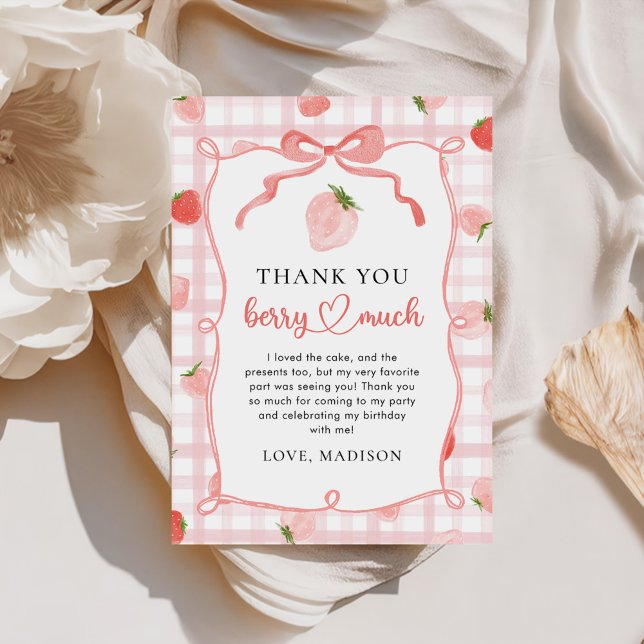 Carte De Remerciements Fraise rose En vichy 1er anniversaire (Créateur téléchargé)
