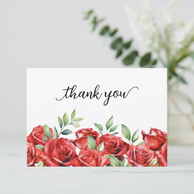 Carte De Remerciements Frontière de roses rouges à l'aquarelle (Debout devant)