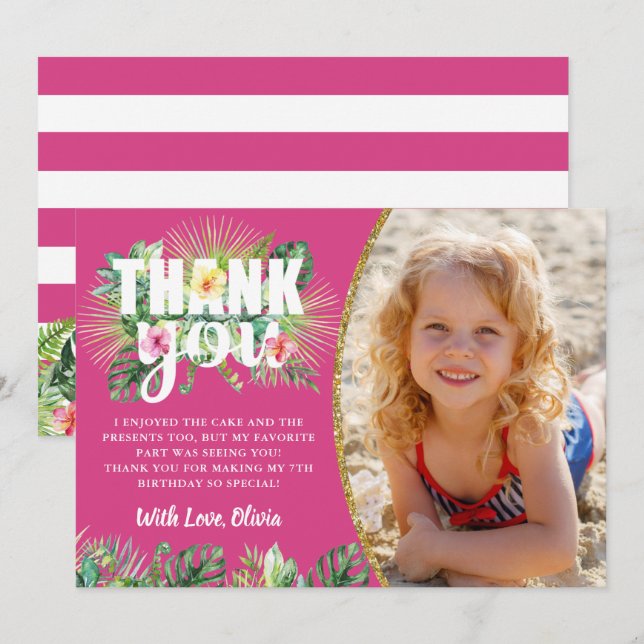 Carte De Remerciements Fuchsia Pink Tropical Floral Beach Party Photo (Devant / Derrière)