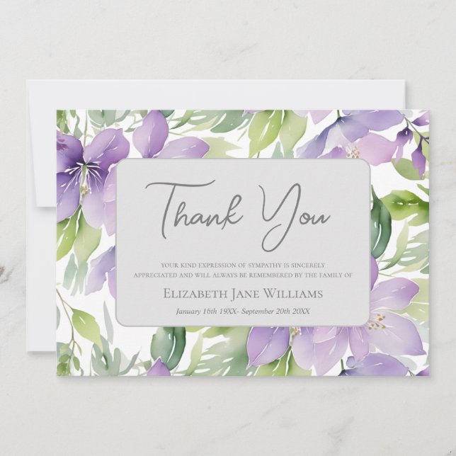 Carte De Remerciements Funérailles Bereavel Floral violet (Devant)