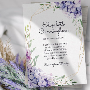 Carte De Remerciements Funérailles commémoratives Hydrangea Lilac Fleurs 