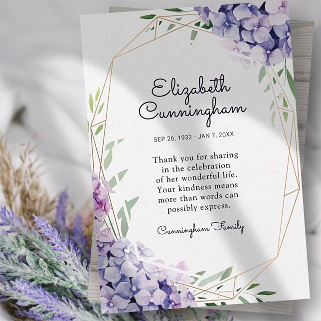 Carte De Remerciements Funérailles commémoratives Hydrangea Lilac Fleurs  (Créateur téléchargé)