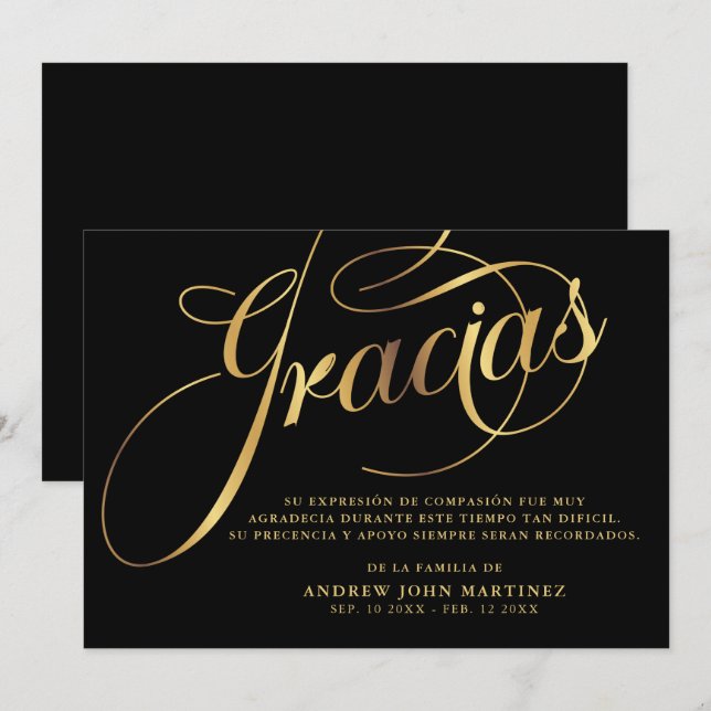 Carte De Remerciements Funérailles de calligraphie noire et or espagnole  (Devant / Derrière)
