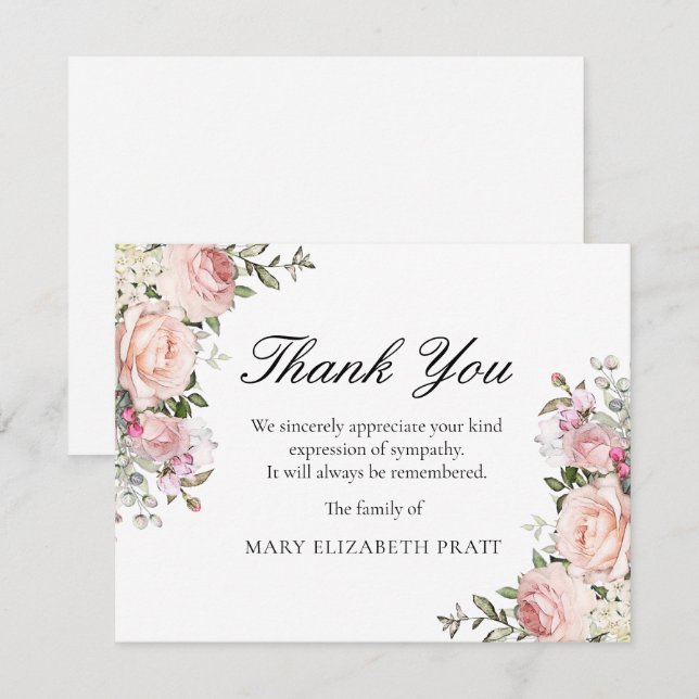 Carte De Remerciements Funérailles florales rose rustique (Devant / Derrière)