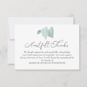 Carte De Remerciements Funérailles Mémorial aquarelle brisée Coeur Feuill