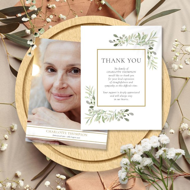 Carte De Remerciements Funérailles Mémorial Verdure Gold Frame Photo (Funeral Memorial Greenery Gold Frame Photo Thank You Card)