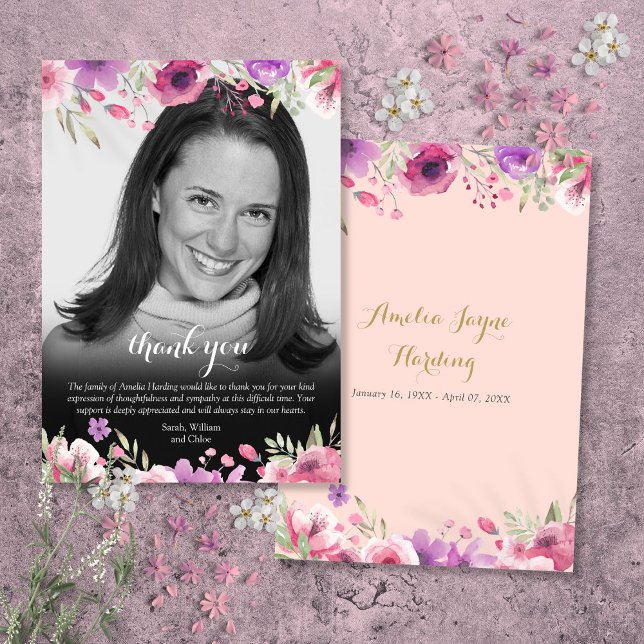Carte De Remerciements Funérailles noir et blanc photo florale (Funeral Black and White Photo Floral Thank You Card)