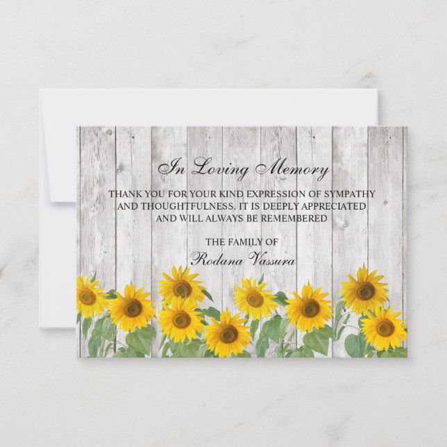 Carte De Remerciements Funérailles Rustique Tournesols en bois Photo (Devant)